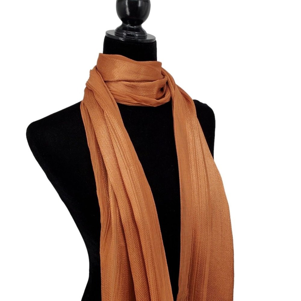 Silky Scarf Basketweave Knit Chiffon Copper Brown W/ Shimmer 13x64" Long